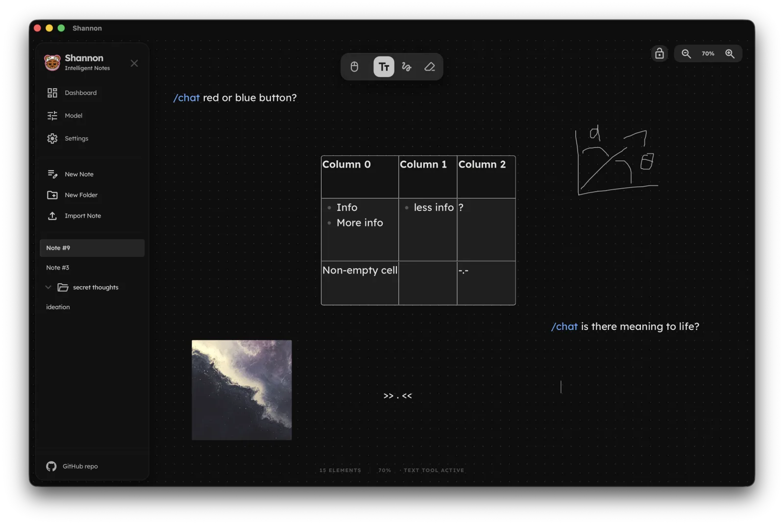 A canvas with a table, a freehand drawing, and inline /chat queries