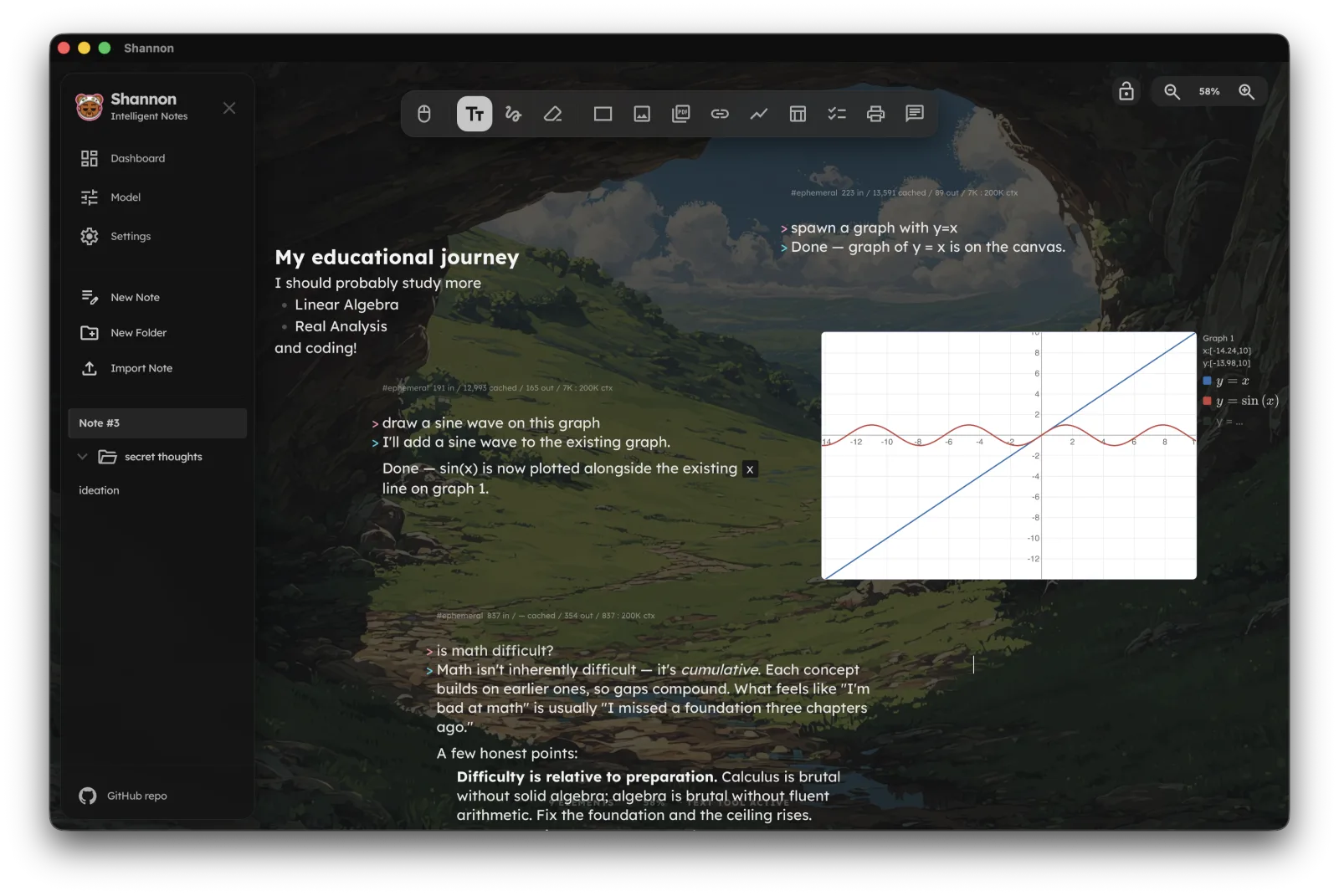 A study note on the green-hills background — text outline, a 2D graph, and slash-command tool calls